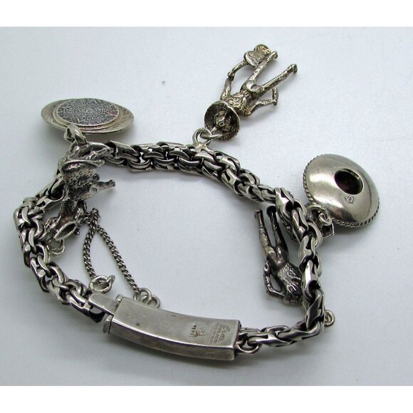 Vintage Sterling Silver Charm Bracelet Mexican Theme Sombrero Matado - Picture 2 of 2